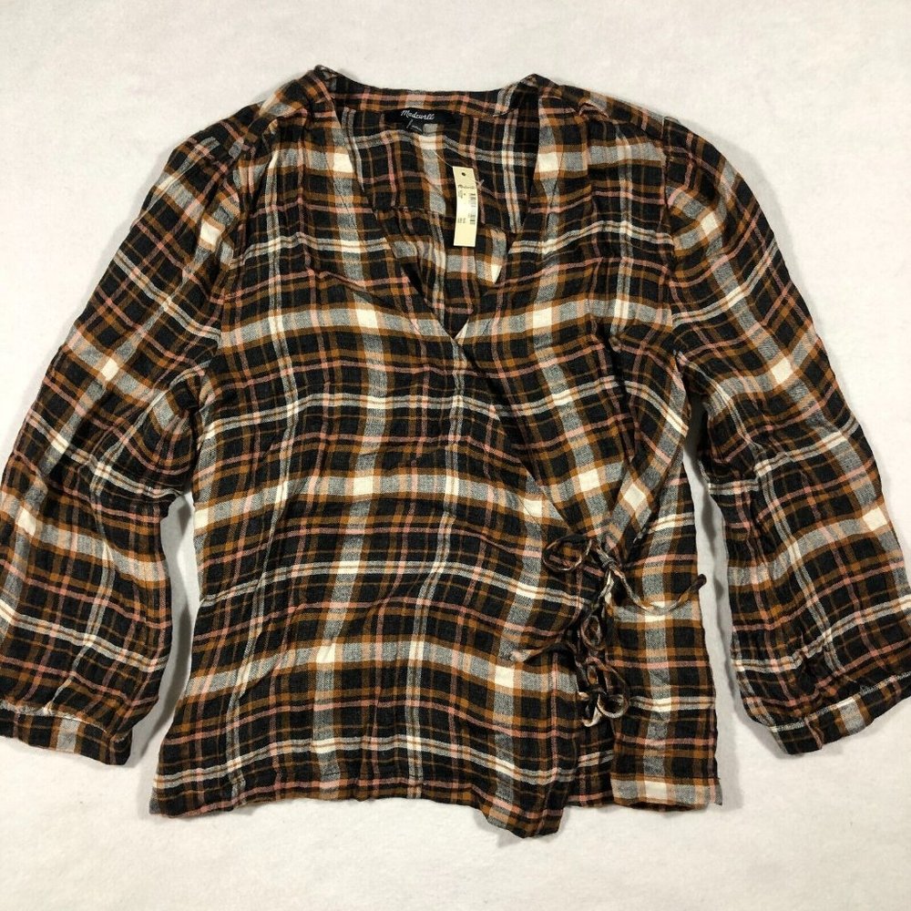NEW Madewell Womens Medium Plaid Gauze Double-Tie Wrap Top Shirt MC275 $98